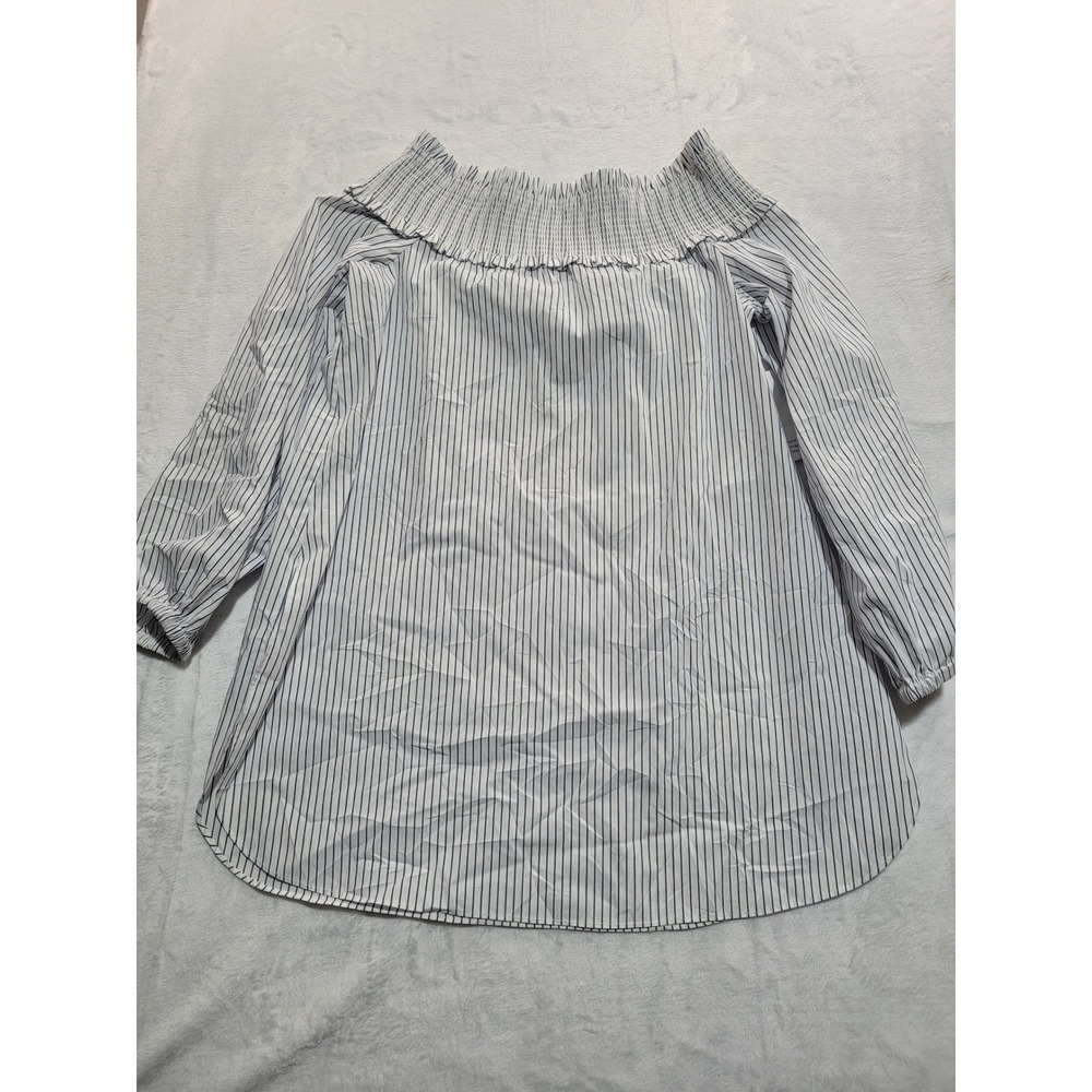 NTW Tibi Off-the-Shoulder Blouse Women 2 Blue White‎ Striped Smocked